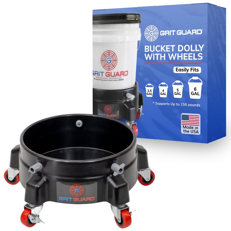 GRIT GUARD Bucket Dolly with Wheels - Rolling Detailing Wash Bucket with 5 Wheels and 2 Locking Casters Compatible with 2.5, 4, 5 and 6 Gallon Buckets (Black, 2" Red Casters) - Image 1